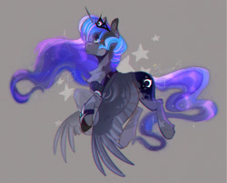 Size: 1280x1036 | Tagged: safe, artist:swoopypoolin, imported from derpibooru, princess luna, alicorn, pony, blue eyes, blue mane, blue tail, chest fluff, crown, ethereal mane, ethereal tail, feather, female, flowing mane, flowing tail, flying, gem, gray background, horn, jewelry, mare, regalia, sad, simple background, solo, sparkles, spread wings, stars, tail, wings