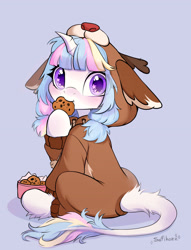 Size: 2894x3787 | Tagged: safe, artist:sofiko-ko, imported from derpibooru, oc, pony, unicorn, bell, clothes, cookie, costume, eating, female, filly, foal, food, horn, kigurumi, looking at you, solo, stars, unicorn oc