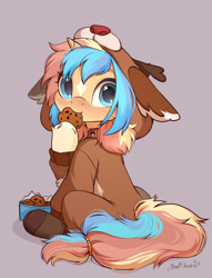 Size: 2894x3787 | Tagged: safe, artist:sofiko-ko, imported from derpibooru, oc, oc:star screw, pony, unicorn, bell, clothes, cookie, costume, eating, female, filly, foal, food, horn, kigurumi, looking at you, solo, stars, unicorn oc