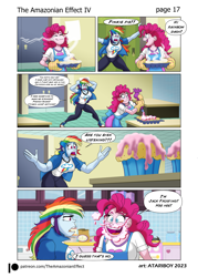 Size: 2726x3802 | Tagged: safe, artist:atariboy2600, artist:bluecarnationstudios, imported from derpibooru, pinkie pie, rainbow dash, human, comic:the amazonian effect, comic:the amazonian effect iv, equestria girls, breasts, busty pinkie pie, busty rainbow dash, canterlot high, clothes, cupcake, female, food, muscles, muscular female, pinkie being pinkie, rainbuff dash, shoes