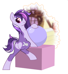 Size: 2688x2932 | Tagged: safe, artist:pritonhells, imported from derpibooru, oc, oc only, oc:dreaming bell, pony, unicorn, ball, butt, commission, cute, female, heart, heart butt, heart mark, horn, looking at you, mare, ocbetes, plot, posing for photo, raised tail, rear view, solo, spread legs, spreading, standing, standing on one leg, tail, two toned coat, unicorn oc, ych result