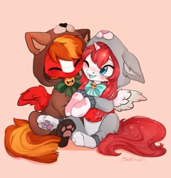 Size: 1151x1200 | Tagged: safe, artist:sofiko-ko, imported from derpibooru, oc, oc only, alicorn, pegasus, pony, animal costume, bell, blushing, bunny costume, clothes, commission, costume, cute, hug, kigurumi, nuzzling, onesie, pajamas, ych result