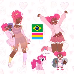 Size: 2048x2048 | Tagged: safe, artist:cryweas, imported from derpibooru, limestone pie, marble pie, maud pie, pinkie pie, earth pony, human, pony, alternate hairstyle, boots, brazil, choker, clothes, cute, dark skin, diapinkes, dress, ear piercing, earring, eyeshadow, female, freckles, high heel boots, hoodie, humanized, jewelry, makeup, mare, mismatched socks, one eye closed, pansexual, pansexual pride flag, piercing, pride, pride flag, shoes, shorts, skirt, sneakers, socks, sports bra, sports shorts, stockings, striped socks, thigh highs, wink