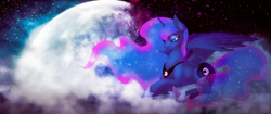 Size: 2560x1080 | Tagged: safe, artist:limreiart, imported from derpibooru, princess luna, alicorn, pony, beautiful, blue eyes, blue tail, cloud, commission, ethereal mane, ethereal tail, eyeshadow, feather, female, flowing mane, flowing tail, frown, high res, hoof shoes, horn, looking down, lying down, makeup, mare, moon, night, sad, solo, space, sparkles, starry mane, starry tail, stars, tail, unamused, wings