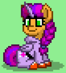 Size: 492x552 | Tagged: safe, imported from derpibooru, sunny starscout, earth pony, pony, pony town, clothes, cosplay, costume, fake alicorn, fake horn, fake wings, g5, green background, implied twilight sparkle, onesie, simple background, solo