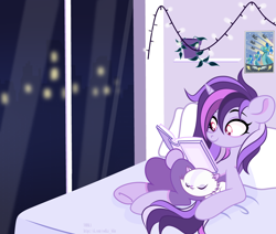 Size: 3900x3300 | Tagged: safe, artist:piterpank, imported from derpibooru, oc, oc only, oc:dreaming bell, cat, pony, unicorn, bed, book, commission, cute, female, horn, lying down, lying on bed, mare, ocbetes, on bed, pillow, reading, room, solo, two toned coat, unicorn oc, window, ych result