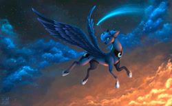 Size: 1280x791 | Tagged: safe, artist:das_leben, imported from derpibooru, princess luna, alicorn, pony, beautiful, blue eyes, blue mane, blue tail, cloud, crepuscular rays, crescent moon, crown, digital art, feather, female, flowing mane, flowing tail, flying, hoof shoes, horn, jewelry, large wings, lipstick, logo, looking up, mare, moon, night, peytral, regalia, scenery, sky, solo, sparkles, spread wings, stars, tail, wings
