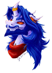 Size: 1051x1467 | Tagged: safe, artist:thatonegib, imported from derpibooru, oc, oc only, changedling, changeling, bandana, beard, bust, changedling oc, changeling oc, facial hair, horn, horn ring, long hair, looking at you, portrait, ring, signature, simple background, smiling, solo, transparent background