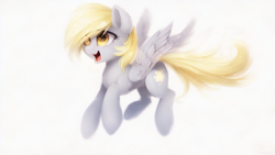 Size: 1024x576 | Tagged: safe, imported from derpibooru, derpy hooves, pegasus, pony, ai content, ai generated, cute, female, flying, mare, open mouth, simple background, solo, white background