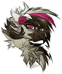 Size: 1117x1336 | Tagged: safe, artist:thatonegib, imported from derpibooru, oc, oc:alz riel-delano, griffon, bust, flower, frown, griffon oc, horns, long hair, looking at you, multicolored hair, portrait, rose, scar, scared, solo
