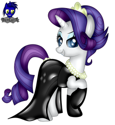 Size: 3840x4154 | Tagged: safe, artist:damlanil, imported from derpibooru, rarity, pony, unicorn, bedroom eyes, breakfast at tiffany's, clothes, collar, crown, dress, eyeshadow, female, gloves, grin, horn, jewelry, latex, latex dress, latex gloves, latex socks, makeup, mare, raised hoof, regalia, rubber, shiny, show accurate, simple background, smiling, socks, solo, transparent background, vector