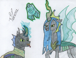 Size: 815x620 | Tagged: safe, artist:alejandrogmj, imported from derpibooru, queen chrysalis, oc, oc:alejandrogmj, changeling, changeling queen, the ending of the end, bell, changeling oc, grogar's bell, traditional art, ultimate chrysalis