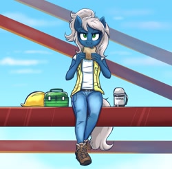 Size: 2048x2017 | Tagged: safe, artist:confetticakez, imported from derpibooru, oc, oc only, anthro, plantigrade anthro, anthro oc, clothes, construction, construction pony, denim, female, food, hard hat, hat, pants, sandwich