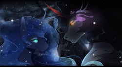 Size: 1280x704 | Tagged: safe, artist:pag0rki, imported from derpibooru, king sombra, princess luna, alicorn, pony, unicorn, black mane, blue eyes, blue mane, cloud, colored horn, crown, curved horn, digital art, ethereal mane, eyeshadow, fangs, female, flowing mane, glowing, glowing eyes, horn, jewelry, lidded eyes, looking at each other, looking at someone, lumbra, makeup, male, mare, red eyes, regalia, shipping, snow, sombra eyes, sombra horn, stallion, starry mane, straight