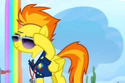Size: 2160x1447 | Tagged: safe, imported from derpibooru, screencap, spitfire, pegasus, pony, the washouts (episode), clothes, cloud, cropped, drill sergeant, female, flag, flag pole, mare, necktie, rainbow waterfall, solo, spitfire's whistle, suit, sunglasses, uniform, whistle, whistle necklace, wonderbolts dress uniform