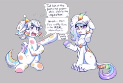 Size: 4096x2785 | Tagged: safe, artist:confetticakez, imported from derpibooru, oc, oc only, oc:confetti cupcake, bat pony, kirin, pony, bat pony oc, bodypaint, chest fluff, cloven hooves, colored pupils, dialogue, duo, fangs, female, floppy ears, frown, gray background, hat, impostor, kirin oc, leonine tail, lidded eyes, looking at you, mare, party hat, pointing, seems legit, simple background, sitting, speech bubble, suspicious, tail, unamused, unshorn fetlocks, wide eyes