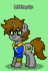 Size: 576x840 | Tagged: safe, imported from derpibooru, oc, oc only, oc:littlepip, pony, unicorn, fallout equestria, pony town, clothes, green background, jumpsuit, pipbuck, simple background, solo, vault suit