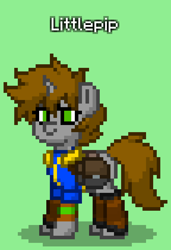 Size: 576x840 | Tagged: safe, imported from derpibooru, oc, oc only, oc:littlepip, pony, unicorn, fallout equestria, pony town, armored vault suit, bag, clothes, green background, jumpsuit, pipbuck, saddle bag, simple background, solo, vault suit