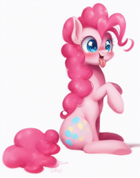 Size: 704x896 | Tagged: safe, imported from derpibooru, pinkie pie, earth pony, pony, ai content, ai generated, cute, female, mare, open mouth, simple background, solo, tongue out, white background