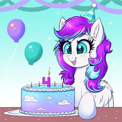 Size: 4000x4000 | Tagged: safe, artist:confetticakez, imported from derpibooru, oc, oc only, pegasus, pony, birthday, birthday cake, cake, candle, female, food, gradient background, pegasus oc, solo