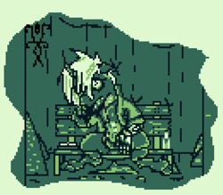 Size: 783x687 | Tagged: safe, artist:damset, imported from derpibooru, oc, oc only, oc:da-mset, anthro, changeling, bench, book, cider, cloak, clothes, dust, monochrome, ms paint, one eye, pixel art, rain, sad, simple background, song reference