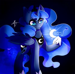 Size: 3571x3523 | Tagged: safe, artist:dark-reaper-0, imported from derpibooru, princess luna, alicorn, pony, black background, blue eyes, blue mane, blue tail, crescent moon, cute, digital art, female, flowing mane, flowing tail, folded wings, glowing, gradient background, high res, hoof shoes, horn, mare, moon, moonlight, peytral, raised hoof, signature, simple background, smiling, solo, stars, tail, wings