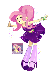 Size: 2048x2686 | Tagged: safe, artist:stevetwisp, imported from derpibooru, fluttershy, human, blushing, clothes, dress, female, gameloft, high heels, humanized, kneesocks, my little pony: magic princess, shoes, simple background, socks, solo, white background