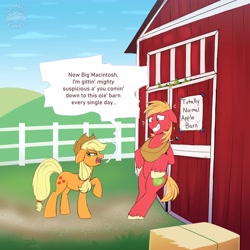 Size: 4000x4000 | Tagged: safe, artist:confetticakez, imported from derpibooru, applejack, big macintosh, earth pony, pony, applejack is not amused, applejack's hat, barn, big macintosh's yoke, brother and sister, cowboy hat, dishonorapple, duo, duo male and female, female, fence, food, freckles, fruit heresy, grin, hat, hay bale, horse collar, male, mare, nervous, nervous grin, nervous sweat, pear, raised hoof, siblings, smiling, stallion, suspicious, unamused, unshorn fetlocks