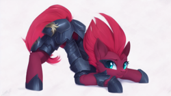 Size: 1024x576 | Tagged: safe, imported from derpibooru, fizzlepop berrytwist, tempest shadow, earth pony, pony, ai content, ai generated, armor, ass up, butt, cute, face down ass up, female, jack-o challenge, mare, meme, plot, pose, race swap, solo, tempass, tempestbetes