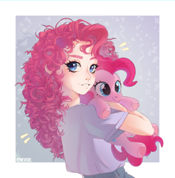 Size: 2806x2852 | Tagged: safe, artist:eiirine, imported from derpibooru, pinkie pie, human, pony, big lashes, bust, clothes, curly hair, curly mane, denim, eyelashes, female, fluffy, hug, humanized, jeans, light skin, looking at you, looking back, looking back at you, mare, open mouth, open smile, pants, plushie, pony plushie, portrait, shirt, smiling, smiling at you, solo, t-shirt