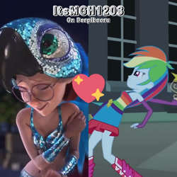 Size: 1920x1920 | Tagged: safe, edit, edited screencap, editor:itsmgh1203, imported from derpibooru, screencap, rainbow dash, human, equestria girls, equestria girls (movie), animal costume, belly button, belt, belt buckle, big crown thingy, bird costume, boots, breasts, canterlot high, clothes, costume, crack shipping, crossover, crossover shipping, cutie mark on clothes, duo, duo female, element of magic, evening gloves, eyes closed, fall formal outfits, female, fingerless gloves, frown, gloves, infidelity, jewel (rio), jewelry, lesbian, linda gunderson, lindadash, long gloves, night, regalia, rio, shipping, shoes, smiling