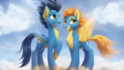Size: 1024x576 | Tagged: safe, imported from derpibooru, soarin', spitfire, pegasus, pony, ai content, ai generated, clothes, cute, duo, female, male, mare, open mouth, stallion, uniform, wonderbolts, wonderbolts uniform