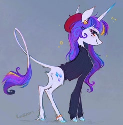 Size: 880x899 | Tagged: safe, artist:runkpori, imported from derpibooru, rarity, pony, unicorn, butt, clothes, hat, looking at you, plot, redesign, simple background, solo, sweat