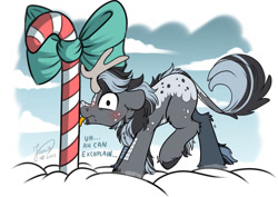 Size: 1063x752 | Tagged: safe, artist:julunis14, imported from derpibooru, oc, oc only, oc:charcoal, kirin, male, solo, stallion, stuck, tongue out, tongue stuck to pole, winter