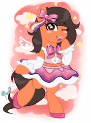 Size: 1516x2047 | Tagged: safe, artist:amgiwolf, imported from derpibooru, oc, oc:robertapuddin, pony, bipedal, bow, clothes, cosplay, costume, cute, dress, old art, one eye closed, solo