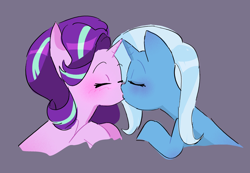 Size: 1674x1160 | Tagged: safe, artist:stevetwisp, imported from derpibooru, starlight glimmer, trixie, pony, unicorn, blushing, eyes closed, female, horn, kissing, lesbian, shipping, simple background, startrix