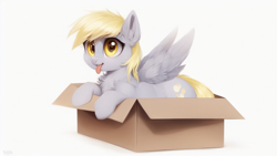 Size: 1024x576 | Tagged: safe, imported from derpibooru, derpy hooves, pegasus, pony, ai content, ai generated, box, cute, female, mare, pony in a box, simple background, solo, tongue out, white background