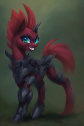 Size: 640x960 | Tagged: safe, imported from derpibooru, fizzlepop berrytwist, tempest shadow, pony, unicorn, ai content, ai generated, armor, artificial horn, colored ears, female, grin, heterochromia, looking at you, mare, smiling, solo, three quarter view