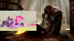 Size: 1920x1080 | Tagged: safe, imported from derpibooru, screencap, pinkie pie, twilight sparkle, a canterlot wedding, april fools, archway, book, bookshelf, meta, twigun, warhammer (game), warhammer 40k, youtube