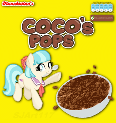 Size: 686x723 | Tagged: safe, artist:sjart117, imported from derpibooru, coco pommel, earth pony, pony, bowl, cereal box, female, food, mare, mouth hold, parody, pun, simple background, smiling, solo, spoon, yellow background