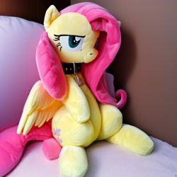 Size: 3072x3072 | Tagged: safe, imported from derpibooru, fluttershy, ai content, ai generated, bed, collar, generator:purplesmart.ai, generator:stable diffusion, pillow, plushie