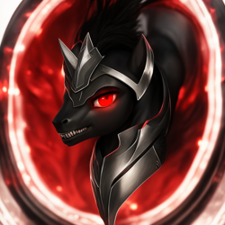 Size: 832x832 | Tagged: safe, imported from derpibooru, king sombra, pony, unicorn, ai content, ai generated, angry, armor, bust, male, portrait, red eyes, solo, stallion