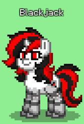 Size: 552x816 | Tagged: safe, imported from derpibooru, oc, oc only, oc:blackjack, cyborg, cyborg pony, pony, unicorn, fallout equestria, fallout equestria: project horizons, pony town, cybernetic legs, fanfic art, green background, simple background, solo