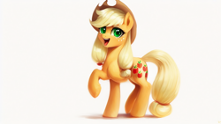 Size: 1024x576 | Tagged: safe, imported from derpibooru, applejack, earth pony, pony, ai content, ai generated, cute, female, jackabetes, mare, open mouth, simple background, solo, white background