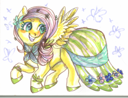 Size: 2157x1656 | Tagged: safe, artist:temary03, imported from derpibooru, fluttershy, pegasus, pony, abstract background, clothes, dress, female, flower, flower in hair, gala dress, mare, solo, spread wings, traditional art, wings