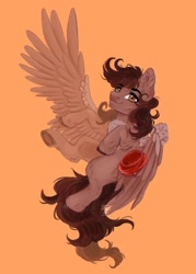 Size: 2508x3508 | Tagged: safe, artist:hokiart22, imported from derpibooru, oc, oc only, oc:autumn rosewood, pegasus, pony, beret, flying, hat, looking at you, male, orange background, pegasus oc, simple background, solo, spread wings, stallion, underhoof, wings