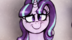 Size: 1024x576 | Tagged: safe, imported from derpibooru, starlight glimmer, pony, unicorn, ai content, ai generated, bust, female, mare, parody of a parody, portrait, smiling, smirk, solo