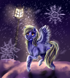 Size: 1613x1796 | Tagged: safe, artist:temary03, imported from derpibooru, derpy hooves, pegasus, pony, female, lantern, mare, night, smiling, snow, solo, underp, winter