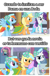 Size: 1080x1639 | Tagged: safe, imported from derpibooru, applejack, rainbow dash, rarity, el almacén de fluttershy, meme, spanish, text