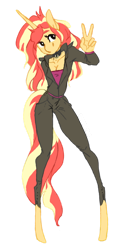 Size: 600x1213 | Tagged: safe, artist:vautaryt, imported from derpibooru, sunset shimmer, anthro, unguligrade anthro, unicorn, breasts, cleavage, clothes, collar, female, jacket, peace sign, simple background, solo, transparent background